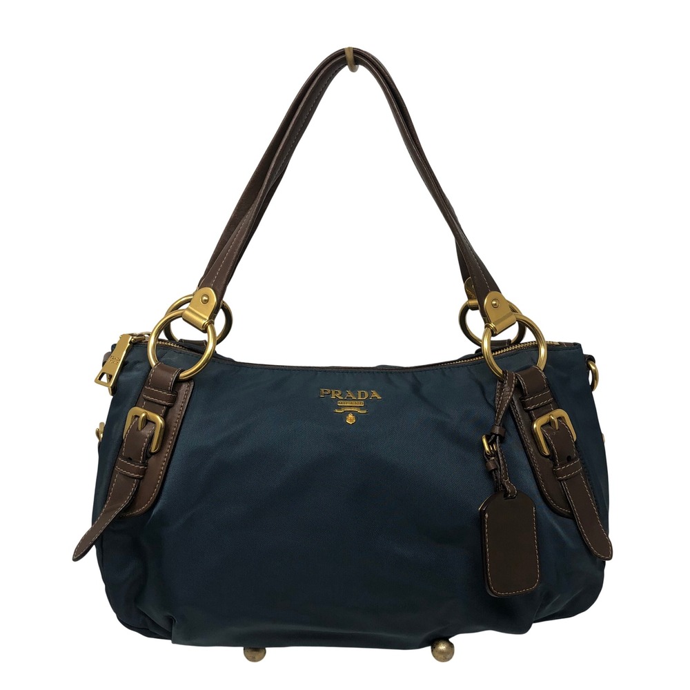 Prada Tessuto Nylon Bauletto Shoulder Bag Large Blue Nylon Leather Buckle Gold